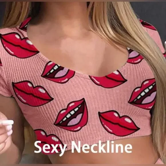 Pink Sexy Lip Print Pajamas - Picture 3 of 6